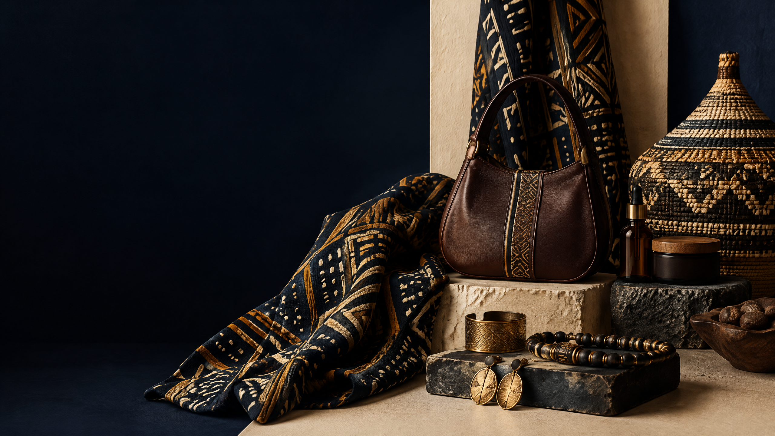 Sélection de mode, accessoires et objets de beauté de créateurs congolais dans une nature morte éditoriale